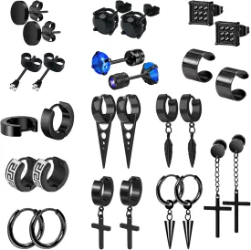14 Pairs Earrings for Men and Women - Black Stud, Hoop, Cross, and Dangling Earrings Set - Stainless Steel Ear Cuffs Piercing Jewelry