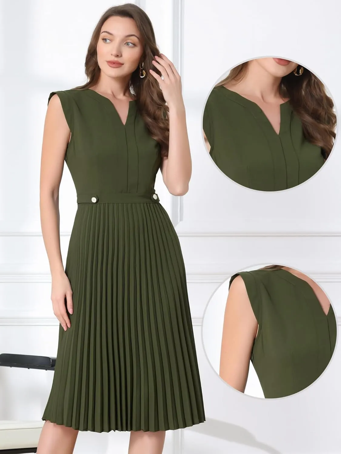 Allegra K Summer Dress for Women's 2024 Elegant Sleeveless V Neck A-Line Pleated Flowy Midi Dress