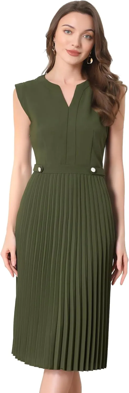 Allegra K Summer Dress for Women's 2024 Elegant Sleeveless V Neck A-Line Pleated Flowy Midi Dress