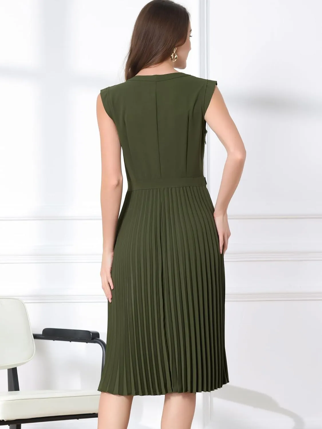 Allegra K Summer Dress for Women's 2024 Elegant Sleeveless V Neck A-Line Pleated Flowy Midi Dress