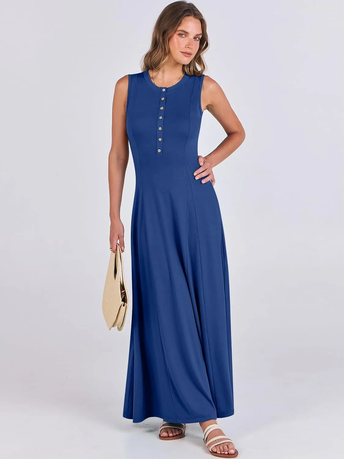 ANRABESS Women Summer Casual Sleeveless Maxi Sundress Button Fit & Flare A-Line Flowy Long Dresses 2025 Beach Outfits