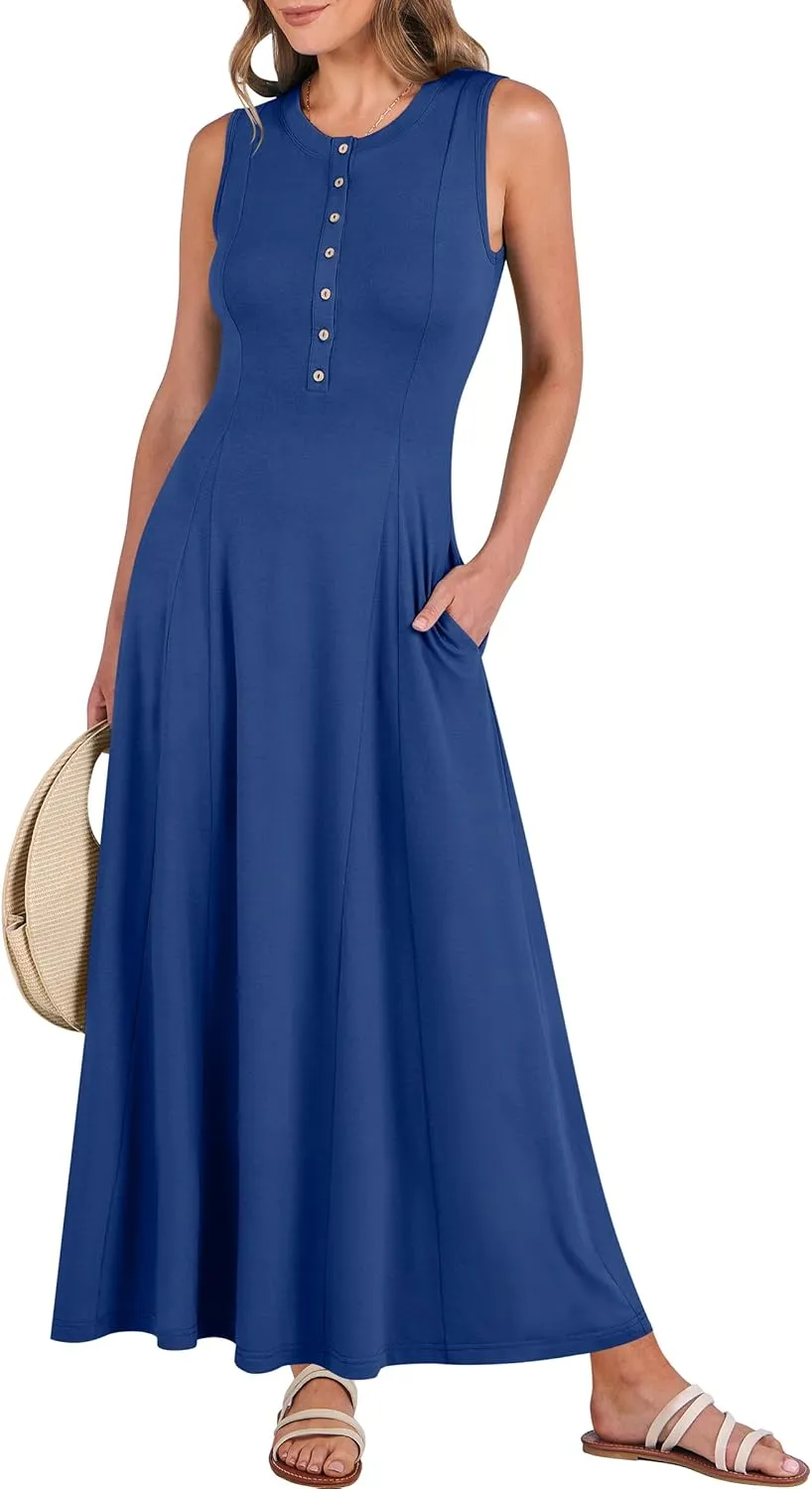 ANRABESS Women Summer Casual Sleeveless Maxi Sundress Button Fit & Flare A-Line Flowy Long Dresses 2025 Beach Outfits