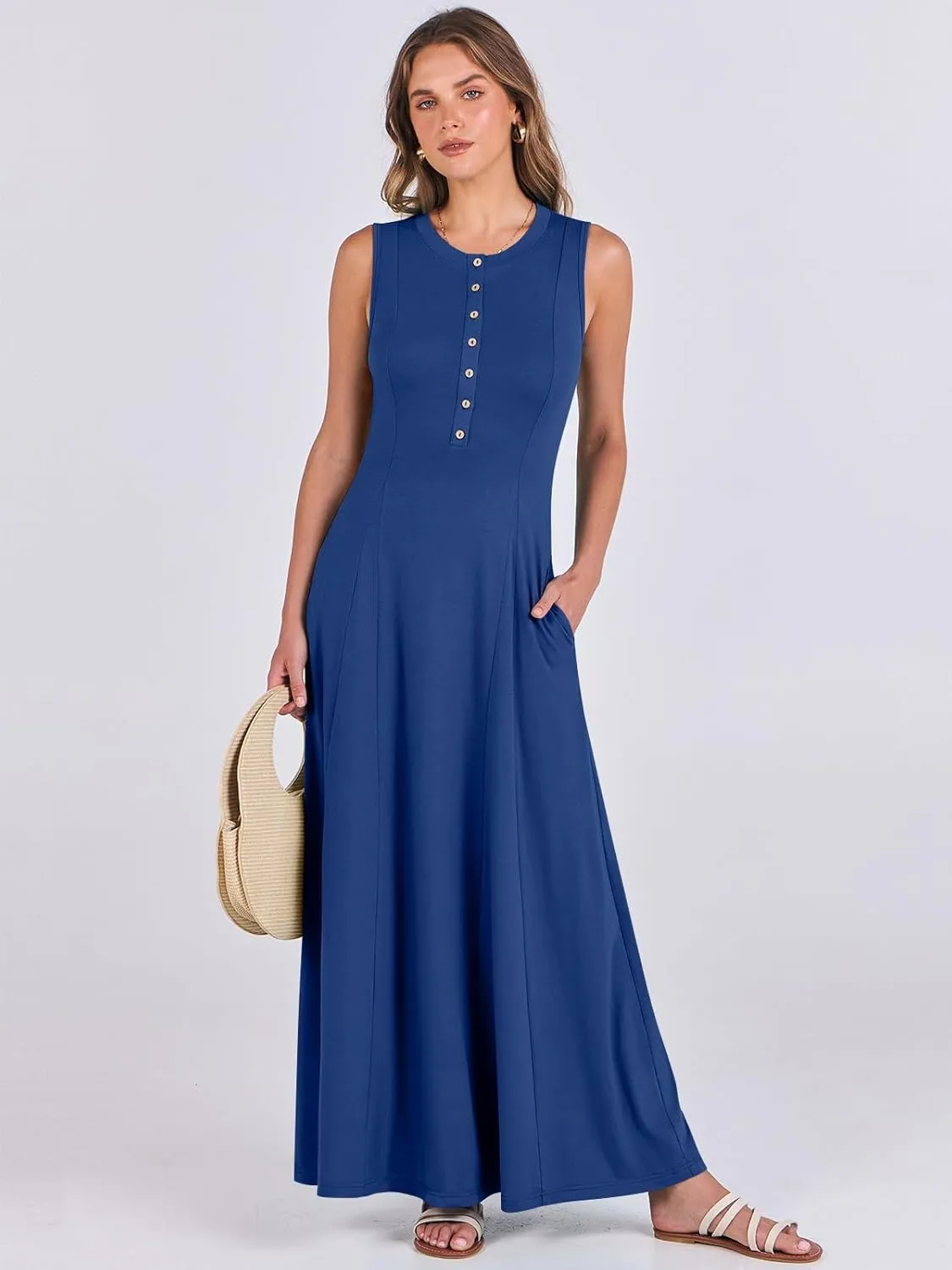 ANRABESS Women Summer Casual Sleeveless Maxi Sundress Button Fit & Flare A-Line Flowy Long Dresses 2025 Beach Outfits