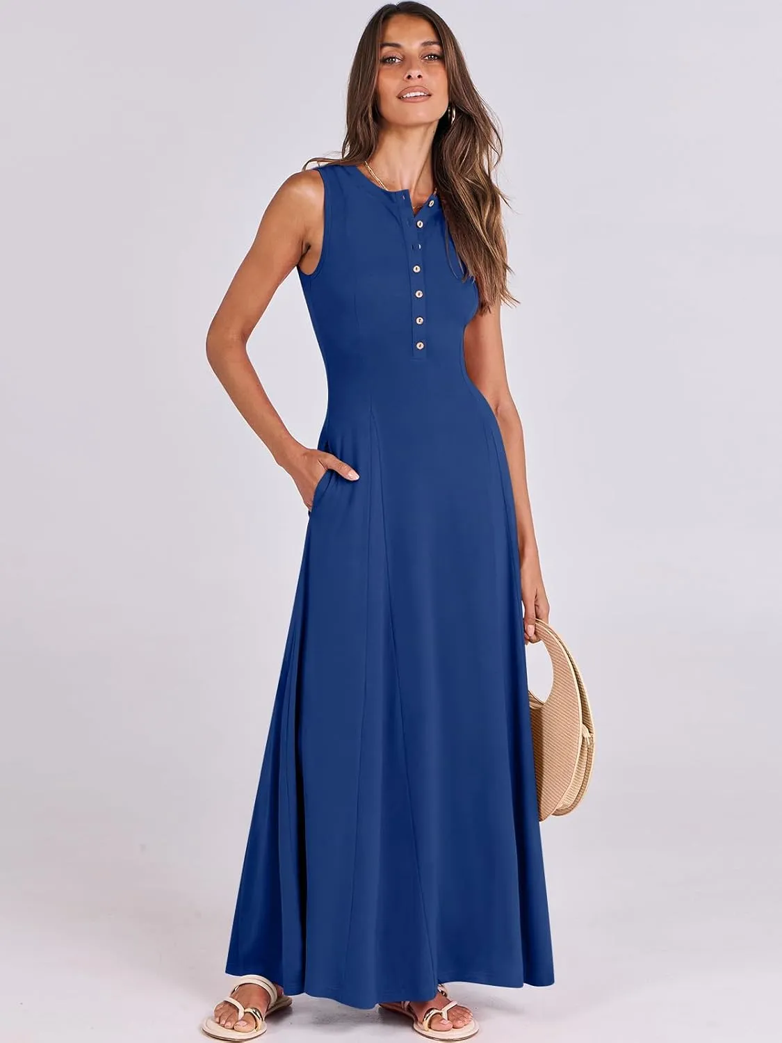 ANRABESS Women Summer Casual Sleeveless Maxi Sundress Button Fit & Flare A-Line Flowy Long Dresses 2025 Beach Outfits