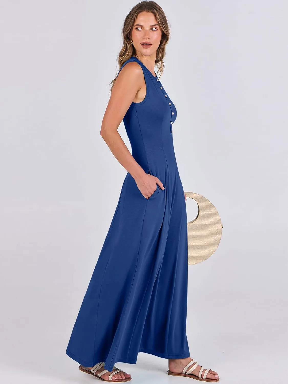 ANRABESS Women Summer Casual Sleeveless Maxi Sundress Button Fit & Flare A-Line Flowy Long Dresses 2025 Beach Outfits