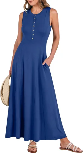 ANRABESS Women Summer Casual Sleeveless Maxi Sundress Button Fit & Flare A-Line Flowy Long Dresses 2025 Beach Outfits