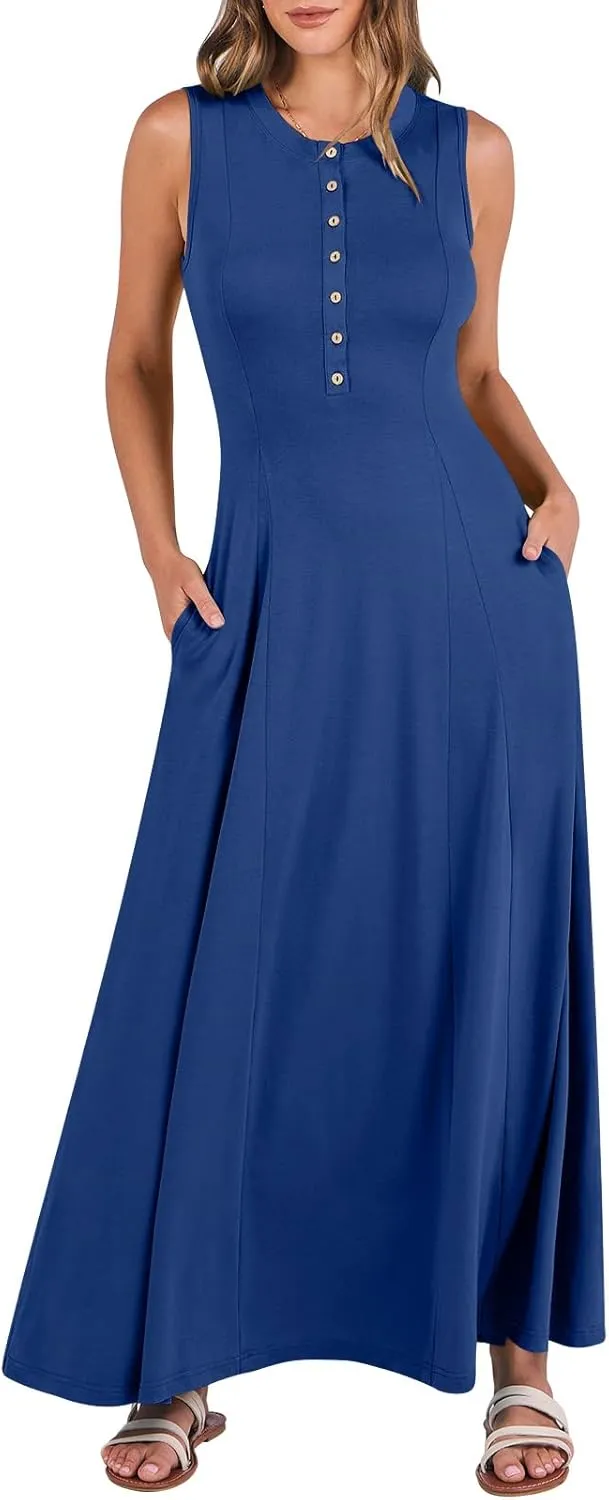 ANRABESS Women Summer Casual Sleeveless Maxi Sundress Button Fit & Flare A-Line Flowy Long Dresses 2025 Beach Outfits