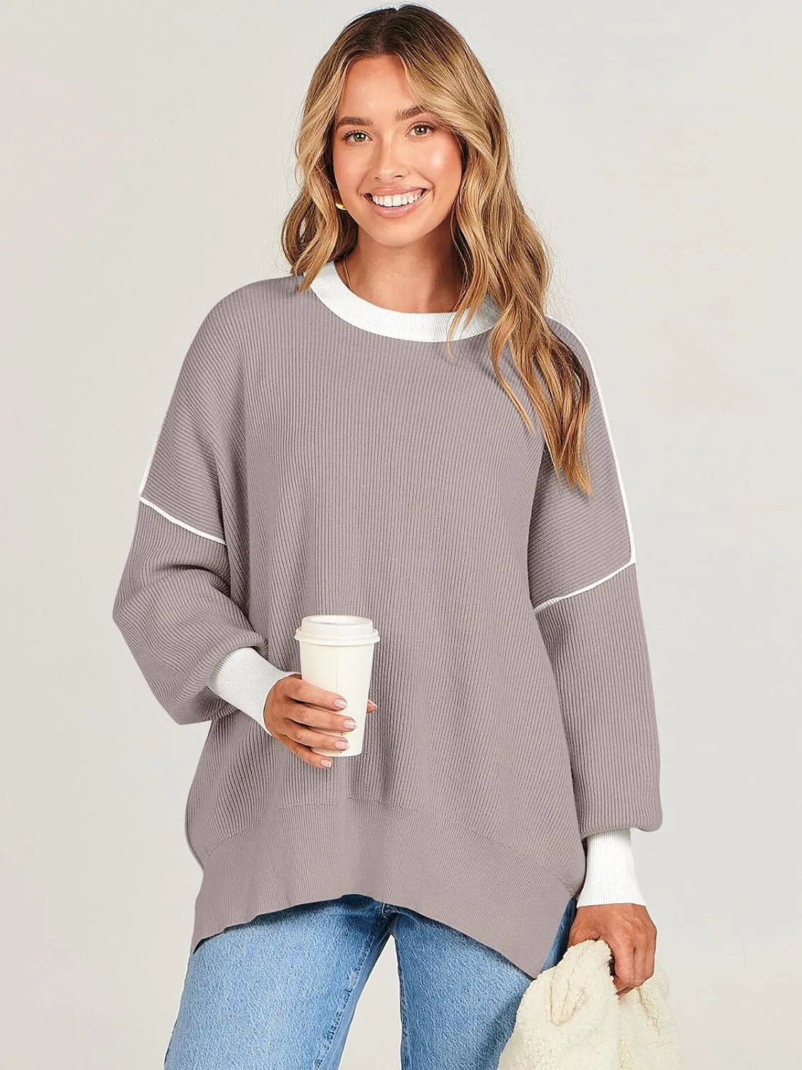 ANRABESS Womens Oversized Sweaters Fall 2025 Fashion Crewneck Batwing Long Sleeve Side Slit Knit Pullover Sweater Tops
