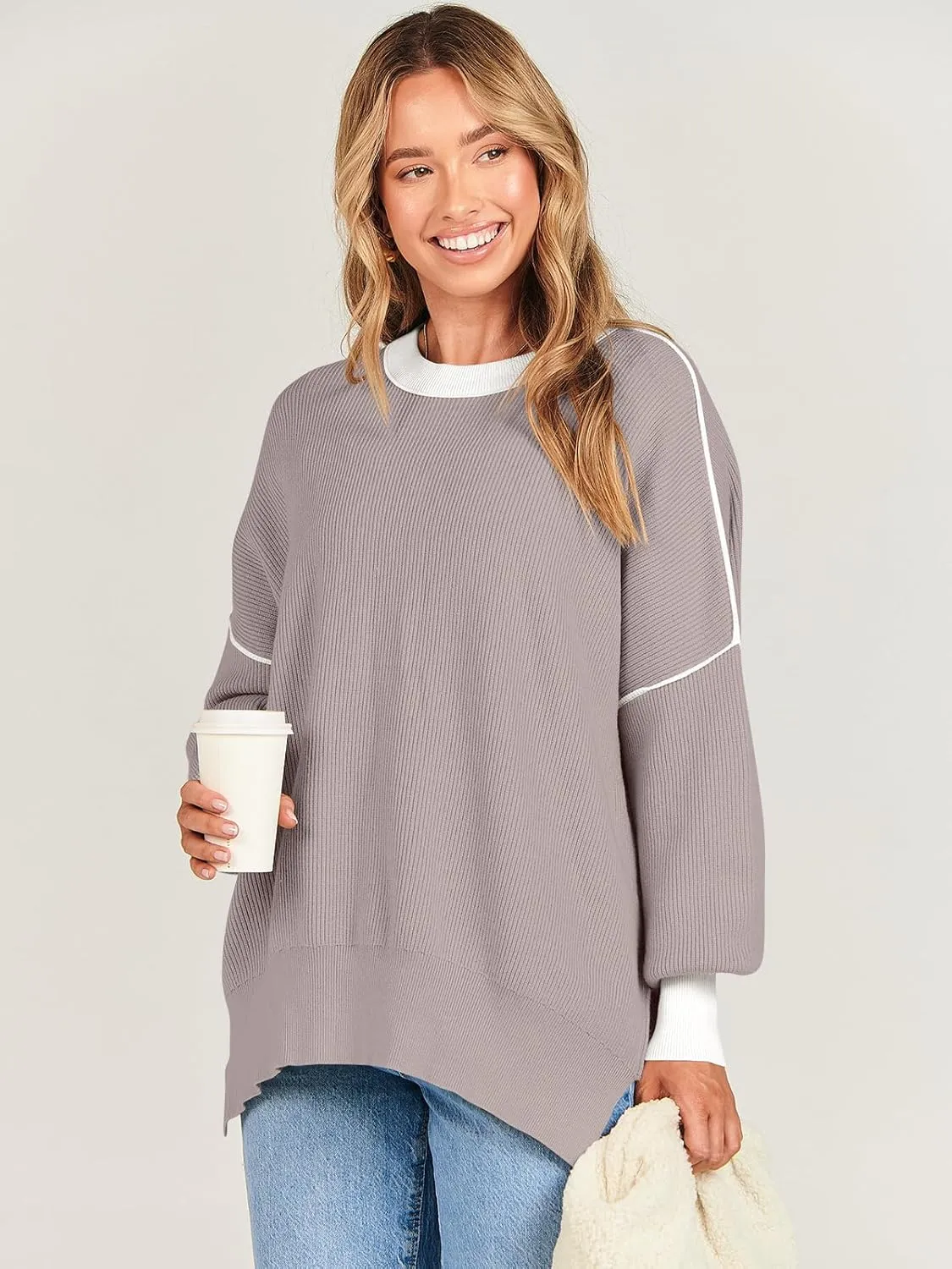 ANRABESS Womens Oversized Sweaters Fall 2025 Fashion Crewneck Batwing Long Sleeve Side Slit Knit Pullover Sweater Tops