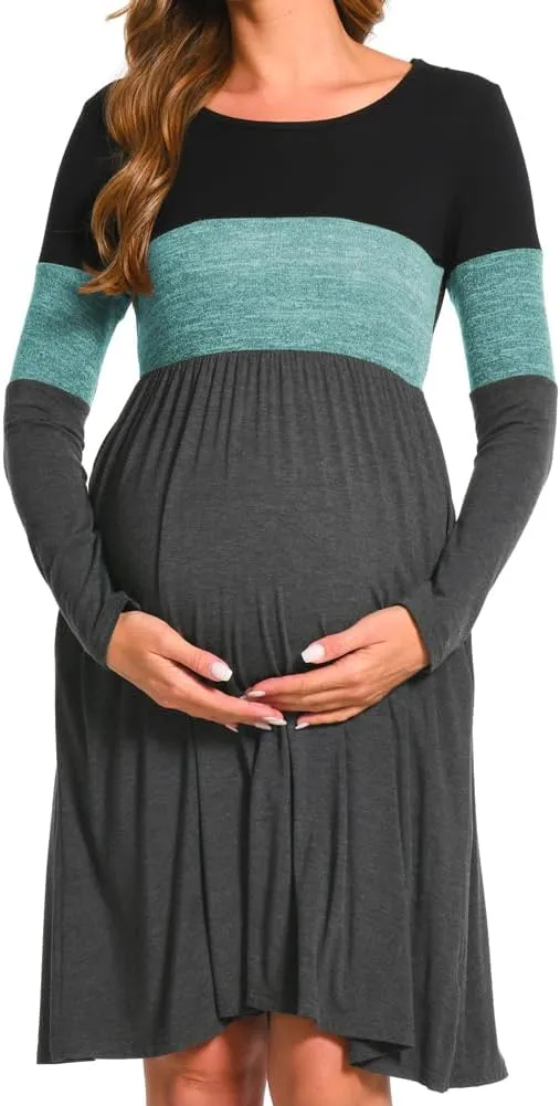 Bearsland Womens Long Sleeve Maternity Dresses Patchwork Pregnancy Dress with Pocket