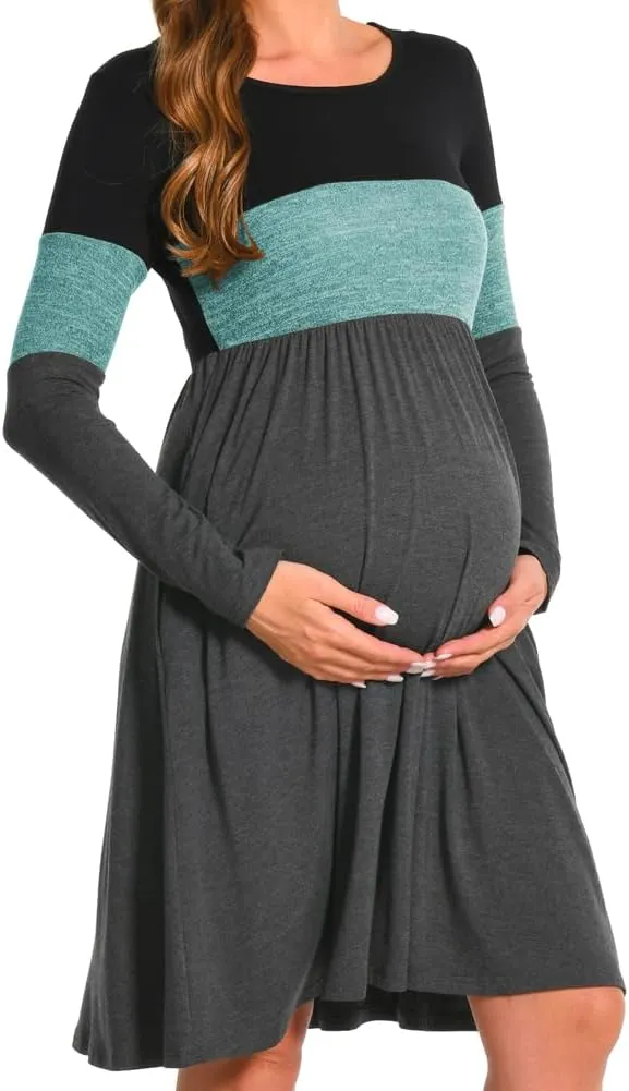 Bearsland Womens Long Sleeve Maternity Dresses Patchwork Pregnancy Dress with Pocket