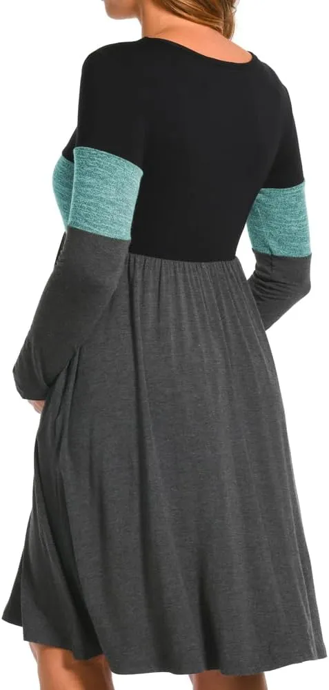 Bearsland Womens Long Sleeve Maternity Dresses Patchwork Pregnancy Dress with Pocket