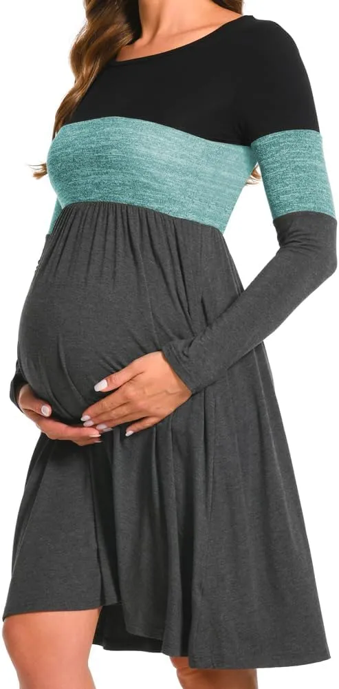 Bearsland Womens Long Sleeve Maternity Dresses Patchwork Pregnancy Dress with Pocket