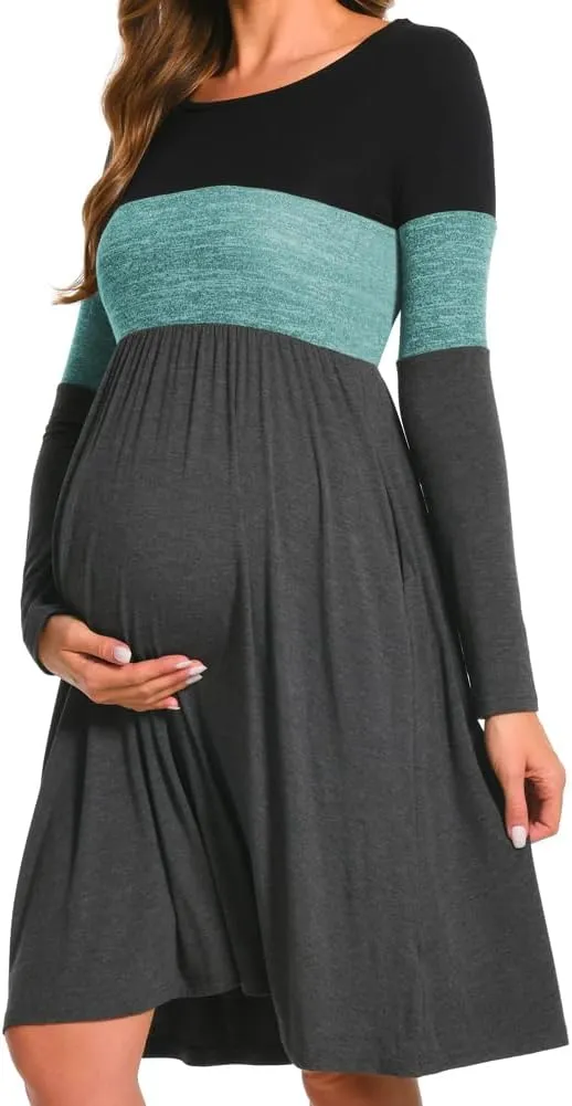 Bearsland Womens Long Sleeve Maternity Dresses Patchwork Pregnancy Dress with Pocket