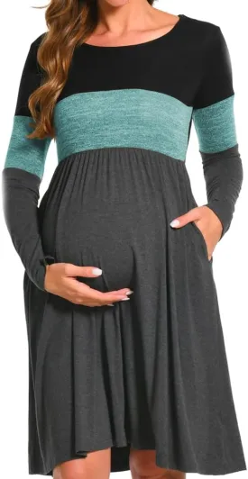 Bearsland Womens Long Sleeve Maternity Dresses Patchwork Pregnancy Dress with Pocket