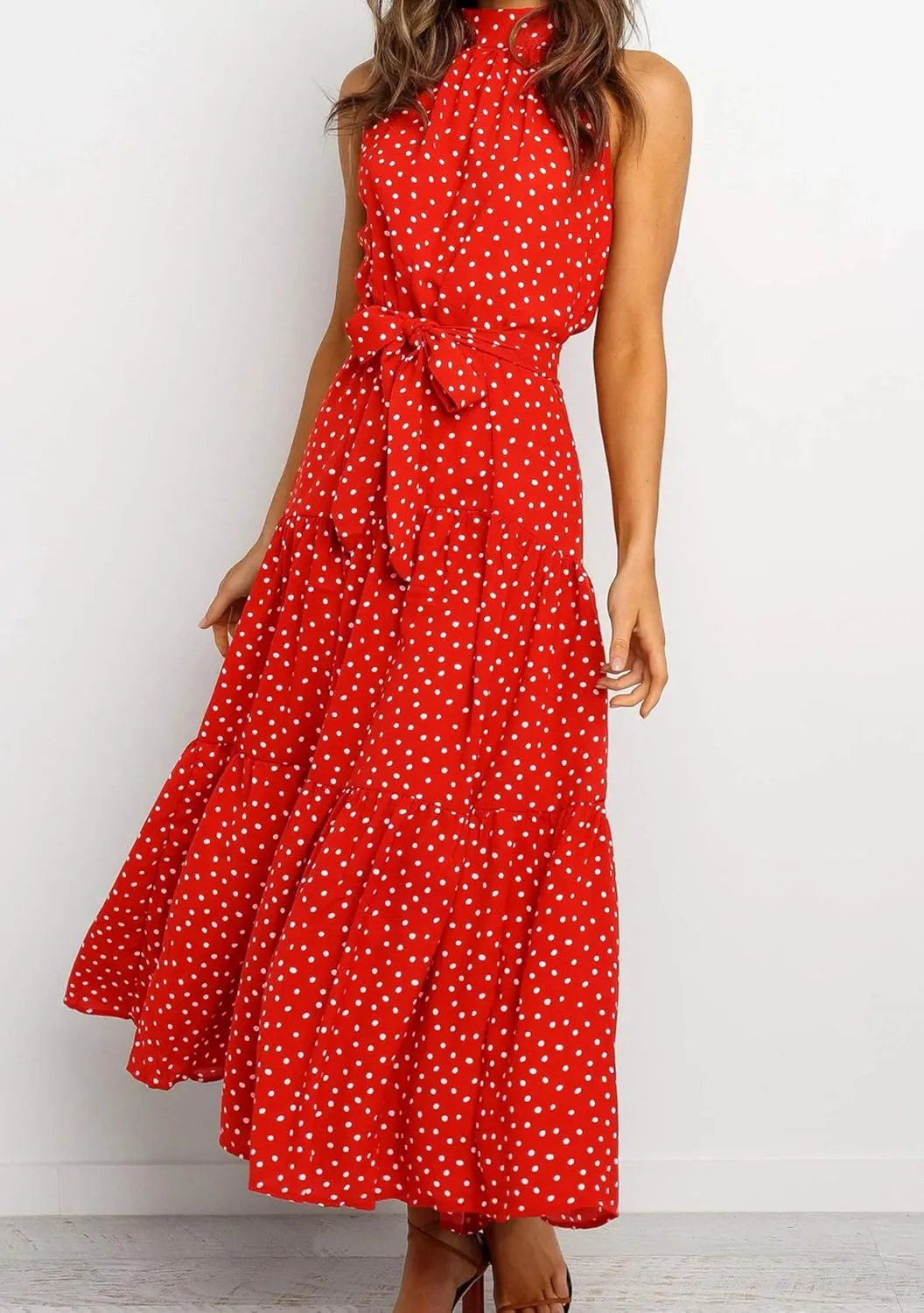BOFETA Women's Halter Neck Boho Floral Sundress Sleeveless Back Zipper Beach Dress with Belt