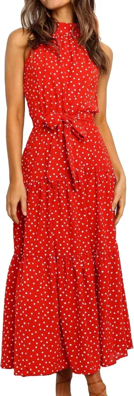 BOFETA Women's Halter Neck Boho Floral Sundress Sleeveless Back Zipper Beach Dress with Belt