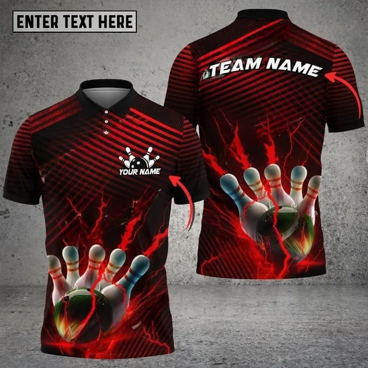 Bowling Ball & Pins Colorful Powerful Lightning Premium Multicolor Customized Name 3D Polo Shirt