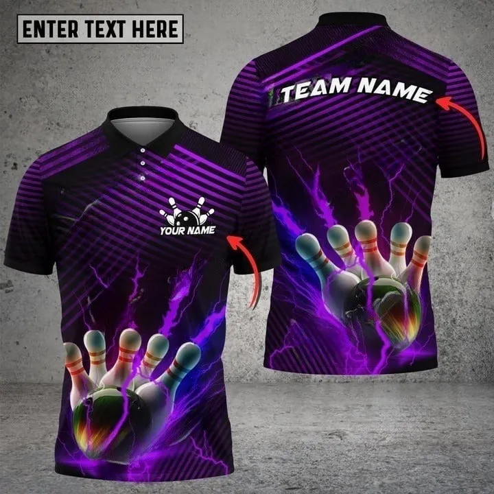 Bowling Ball & Pins Colorful Powerful Lightning Premium Multicolor Customized Name 3D Polo Shirt
