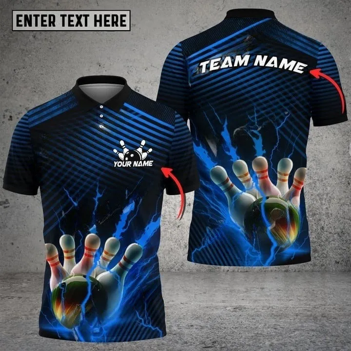 Bowling Ball & Pins Colorful Powerful Lightning Premium Multicolor Customized Name 3D Polo Shirt