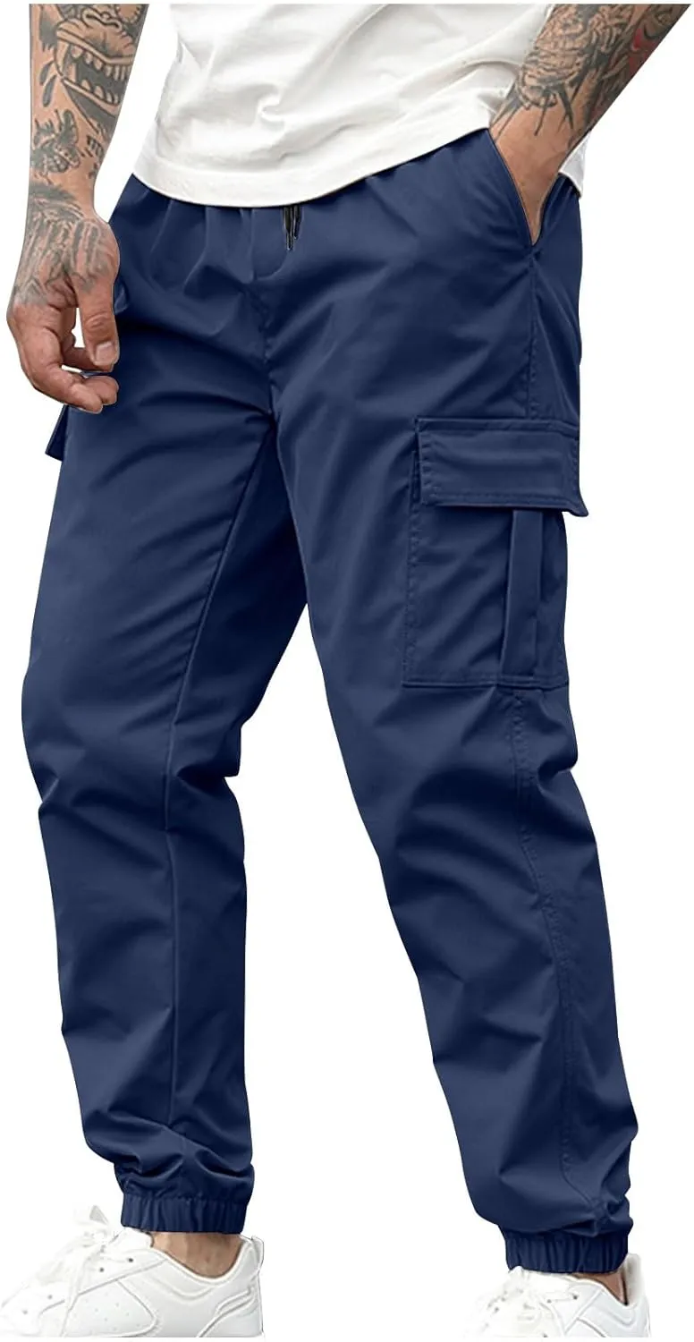 Cargo Pants for Men Baggy Joggers Elastic Waist Drawstring Sweatpants Streetwear with Multi Pockets Hiking Fishing Gear