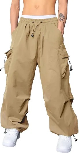 Cargo Pants for Men Casual Drawstring Elastic Waist Hip Hop Parachute Pants Loose Fit Baggy Sweatpants with Pockets