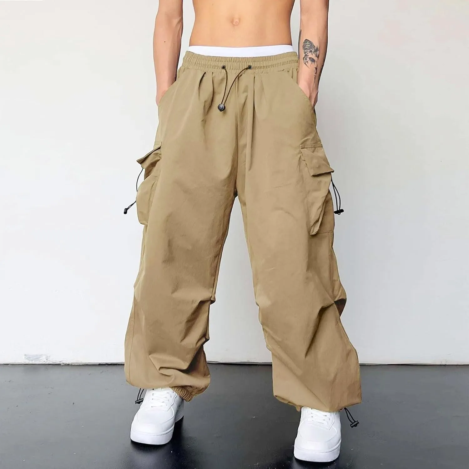 Cargo Pants for Men Casual Drawstring Elastic Waist Hip Hop Parachute Pants Loose Fit Baggy Sweatpants with Pockets