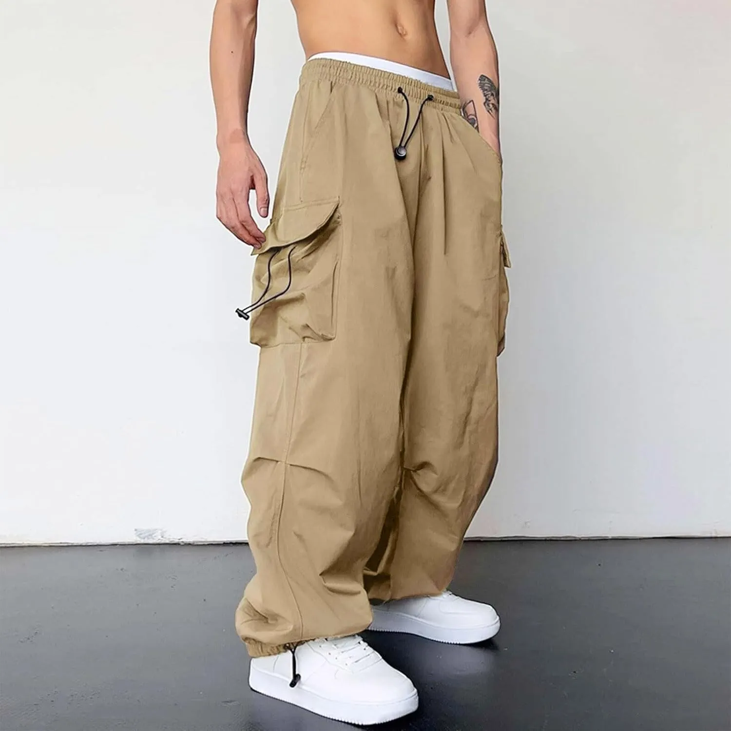 Cargo Pants for Men Casual Drawstring Elastic Waist Hip Hop Parachute Pants Loose Fit Baggy Sweatpants with Pockets