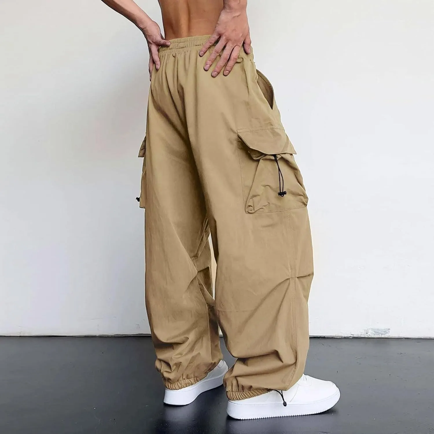 Cargo Pants for Men Casual Drawstring Elastic Waist Hip Hop Parachute Pants Loose Fit Baggy Sweatpants with Pockets