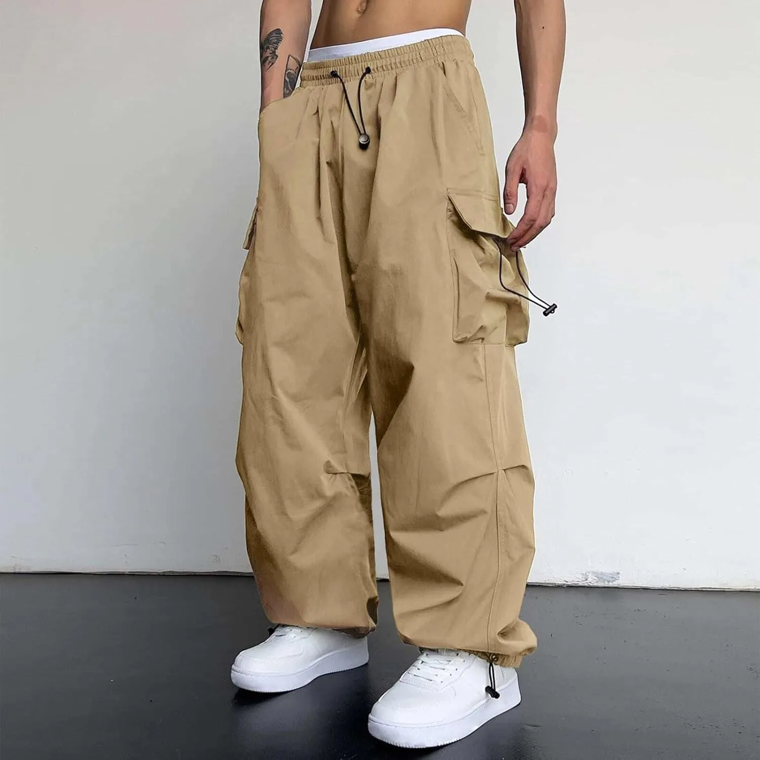 Cargo Pants for Men Casual Drawstring Elastic Waist Hip Hop Parachute Pants Loose Fit Baggy Sweatpants with Pockets
