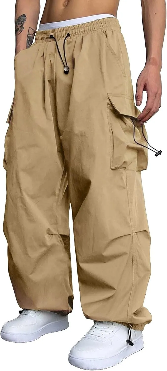 Cargo Pants for Men Casual Drawstring Elastic Waist Hip Hop Parachute Pants Loose Fit Baggy Sweatpants with Pockets