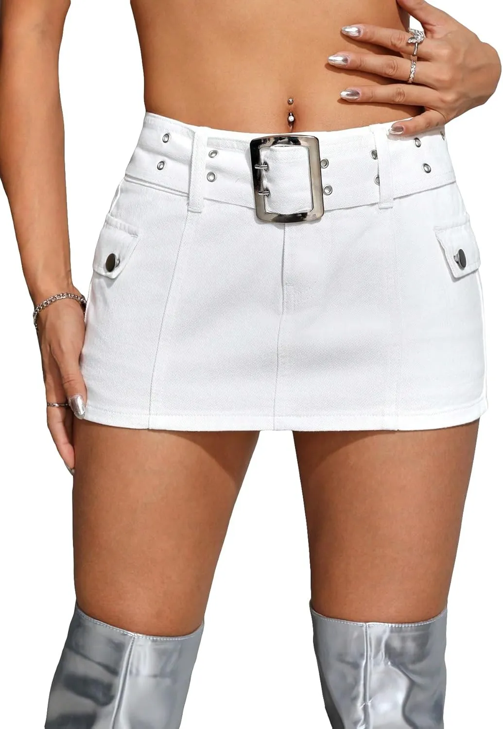 Floerns Women's Flap Pocket Streetwear Y2K Denim Bodycon Mini Skirt with Belt
