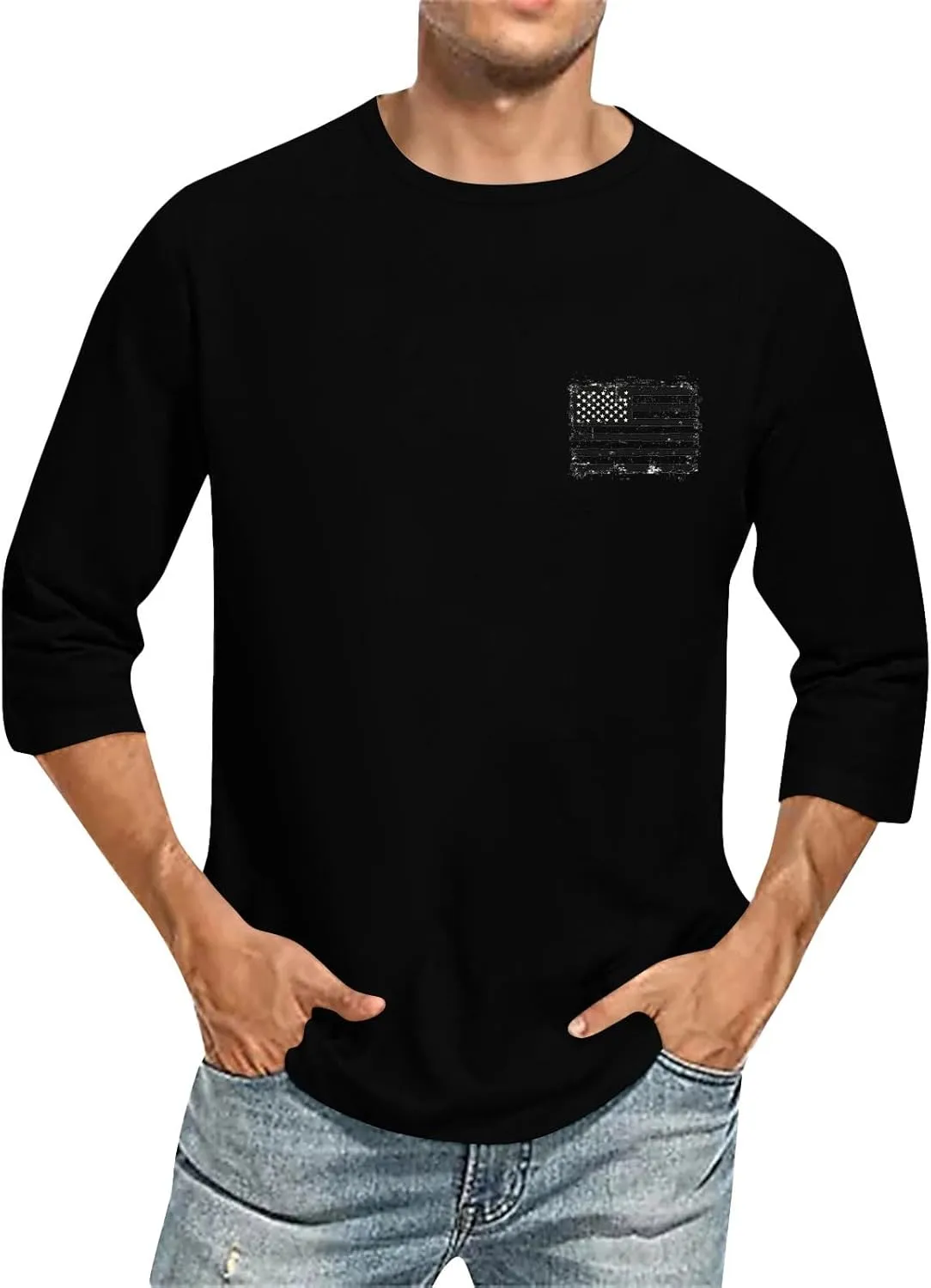 Fourth of July Shirts for Boys Men's Casual Crewneck 3/4 Sleeve Shirts Cotton Summer Tops Basic Pullover Workout Tees