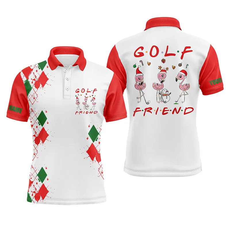 Funny Christmas Golf Shirt Custom Name Mens Golf Polo Shirt - Flamingo Golf Friend Christmas Gifts