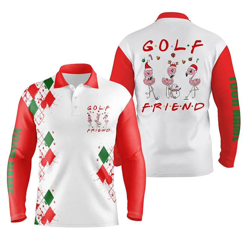 Funny Christmas Golf Shirt Custom Name Mens Golf Polo Shirt - Flamingo Golf Friend Christmas Gifts