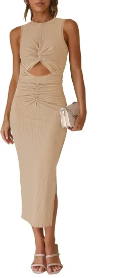 LaSuiveur Women's Summer Sleeveless Bodycon Midi Dresses Cut Out Knit Crisscross Twist Ruched Slit Tank Midi Dress