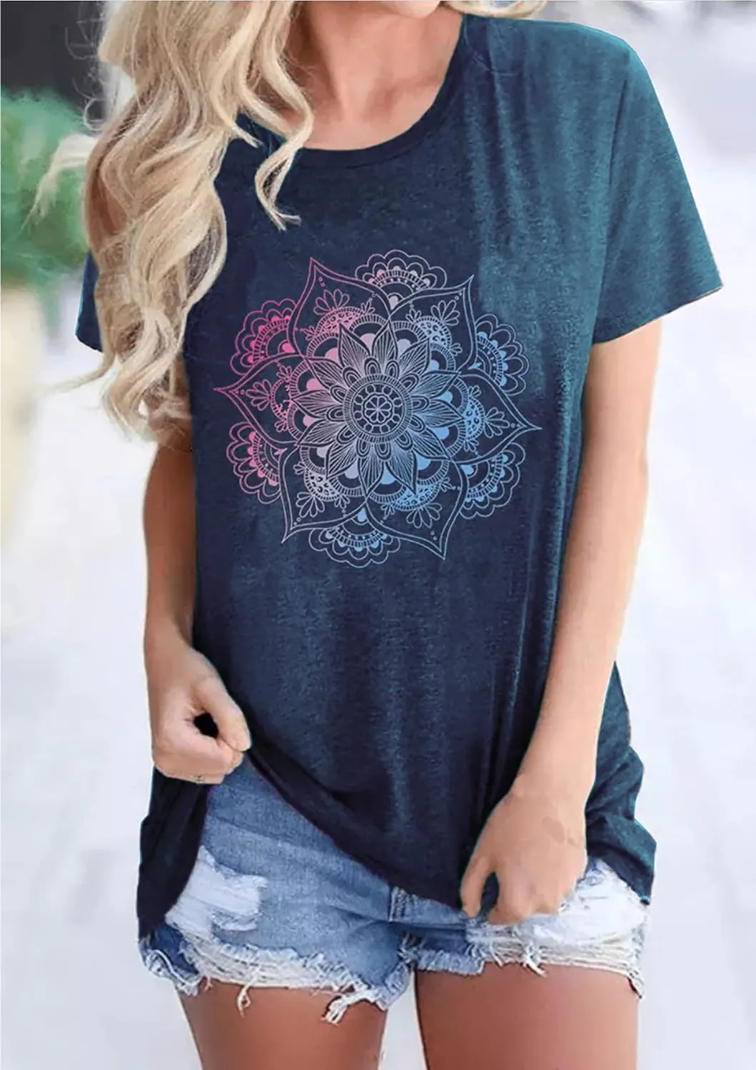 Mandala Shirt for Women Lotus Flower Graphic Tees Short Sleeve Casual Mandala T Shirts Tops