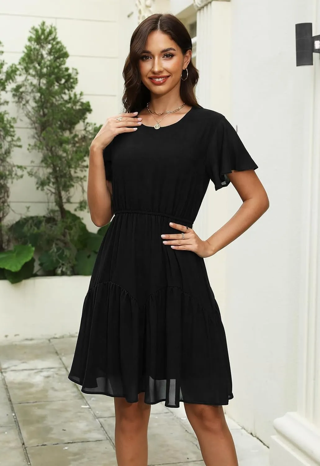 Manydress Women's Chiffon Floral Dresses Casual Summer Boho Flutter Sleeve Flowy Skater Western Dress MY112