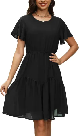 Manydress Women's Chiffon Floral Dresses Casual Summer Boho Flutter Sleeve Flowy Skater Western Dress MY112