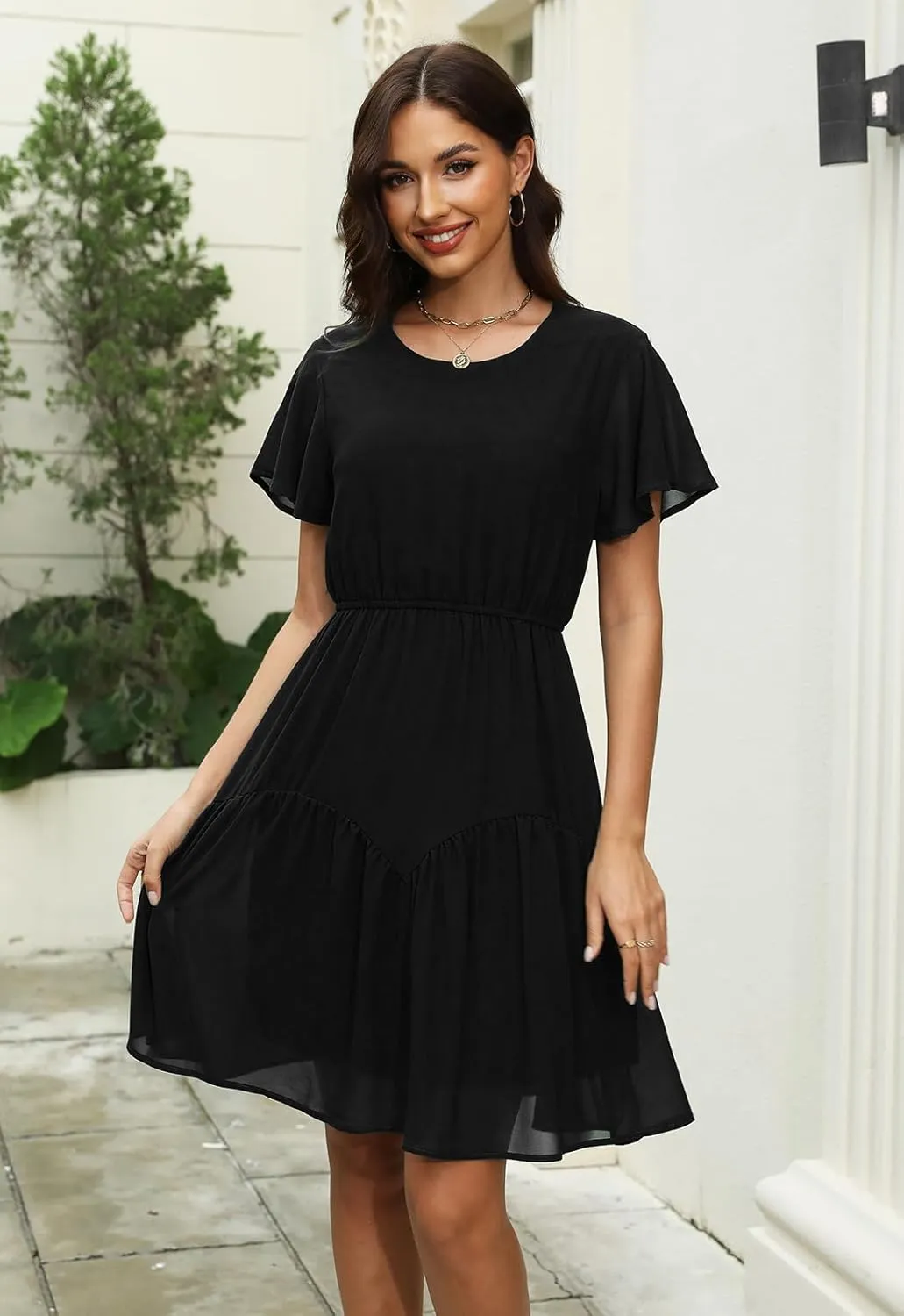 Manydress Women's Chiffon Floral Dresses Casual Summer Boho Flutter Sleeve Flowy Skater Western Dress MY112