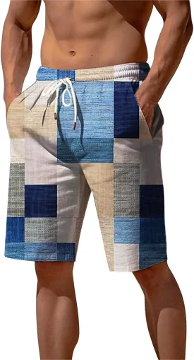 Mens Casual Hawaiian Shorts Summer Plaid Bermuda Short Pants Stretch Waist Classic Vintage Plaid Yoga Beach Shorts