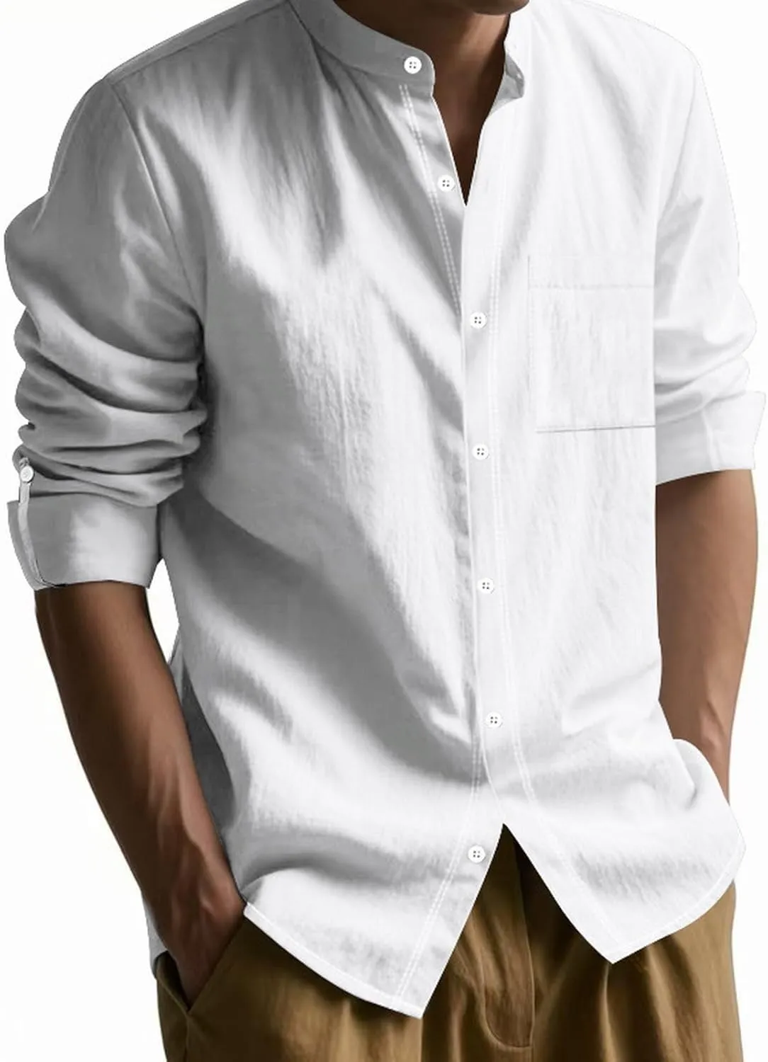 Mens Casual Long Sleeve Cotton Linen Shirts Buttons Down Solid Plain Roll-up Sleeves T-Shirt Henely Summer Beach Tops
