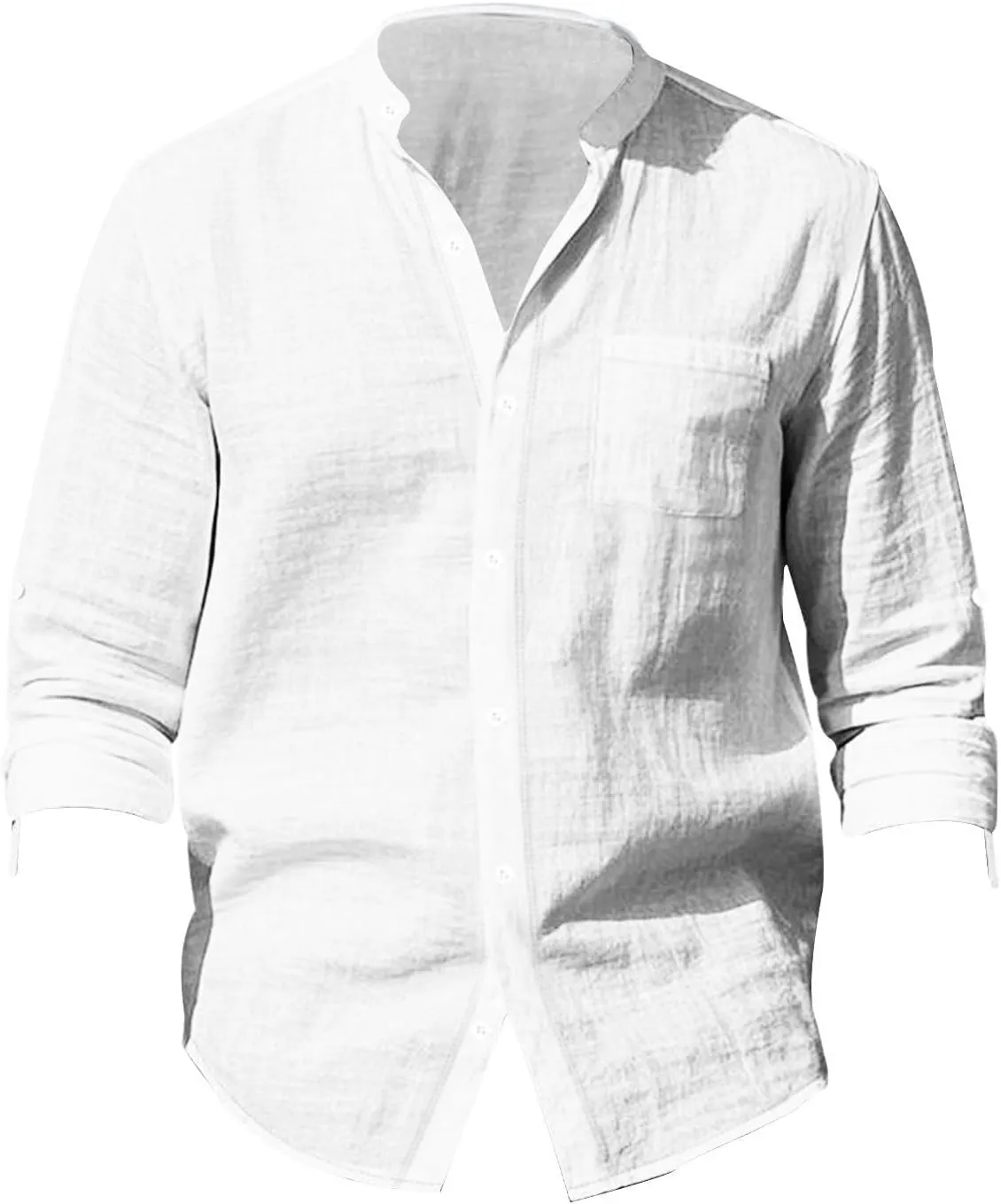Mens Casual Long Sleeve Cotton Linen Shirts Buttons Down Solid Plain Roll-up Sleeves T-Shirt Henely Summer Beach Tops