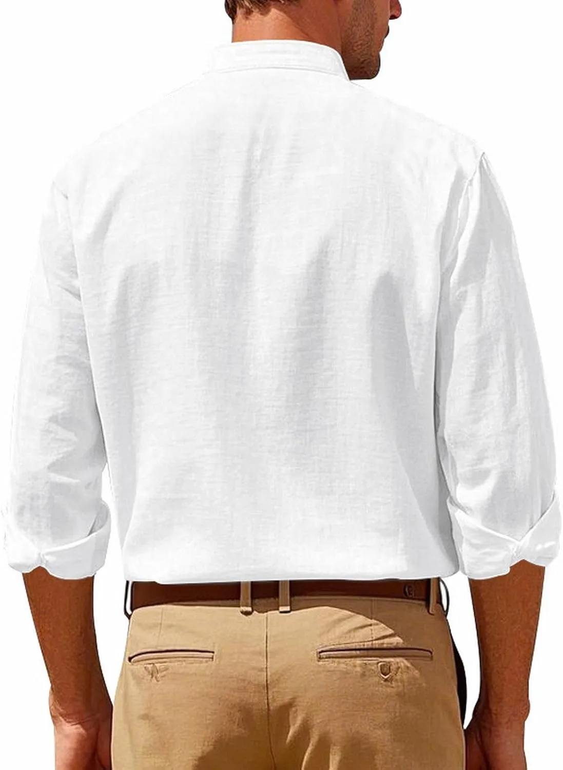 Mens Casual Long Sleeve Cotton Linen Shirts Buttons Down Solid Plain Roll-up Sleeves T-Shirt Henely Summer Beach Tops