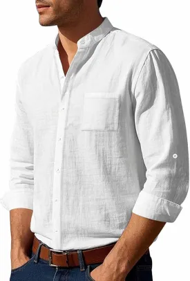 Mens Casual Long Sleeve Cotton Linen Shirts Buttons Down Solid Plain Roll-up Sleeves T-Shirt Henely Summer Beach Tops