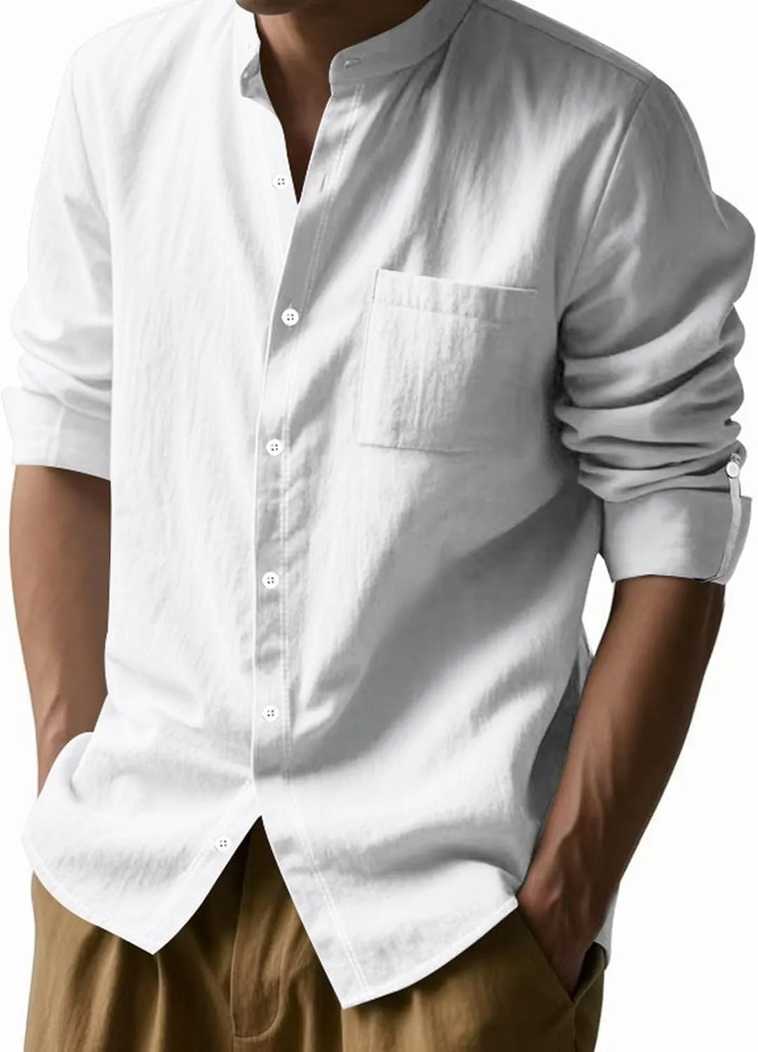 Mens Casual Long Sleeve Cotton Linen Shirts Buttons Down Solid Plain Roll-up Sleeves T-Shirt Henely Summer Beach Tops