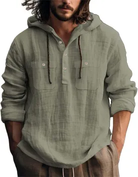 Mens Cotton Linen Hoodie Long Sleeve Lightweight Breathable Hooded Button Down Shirt Spring Fall Casual Tops