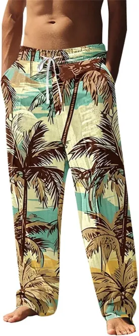 Men's Hawaiian Tropical Leaf Sweatpants Beach Vacation Lounge Pants Breathable Relaxed Fit Comfy Drawstring Casual