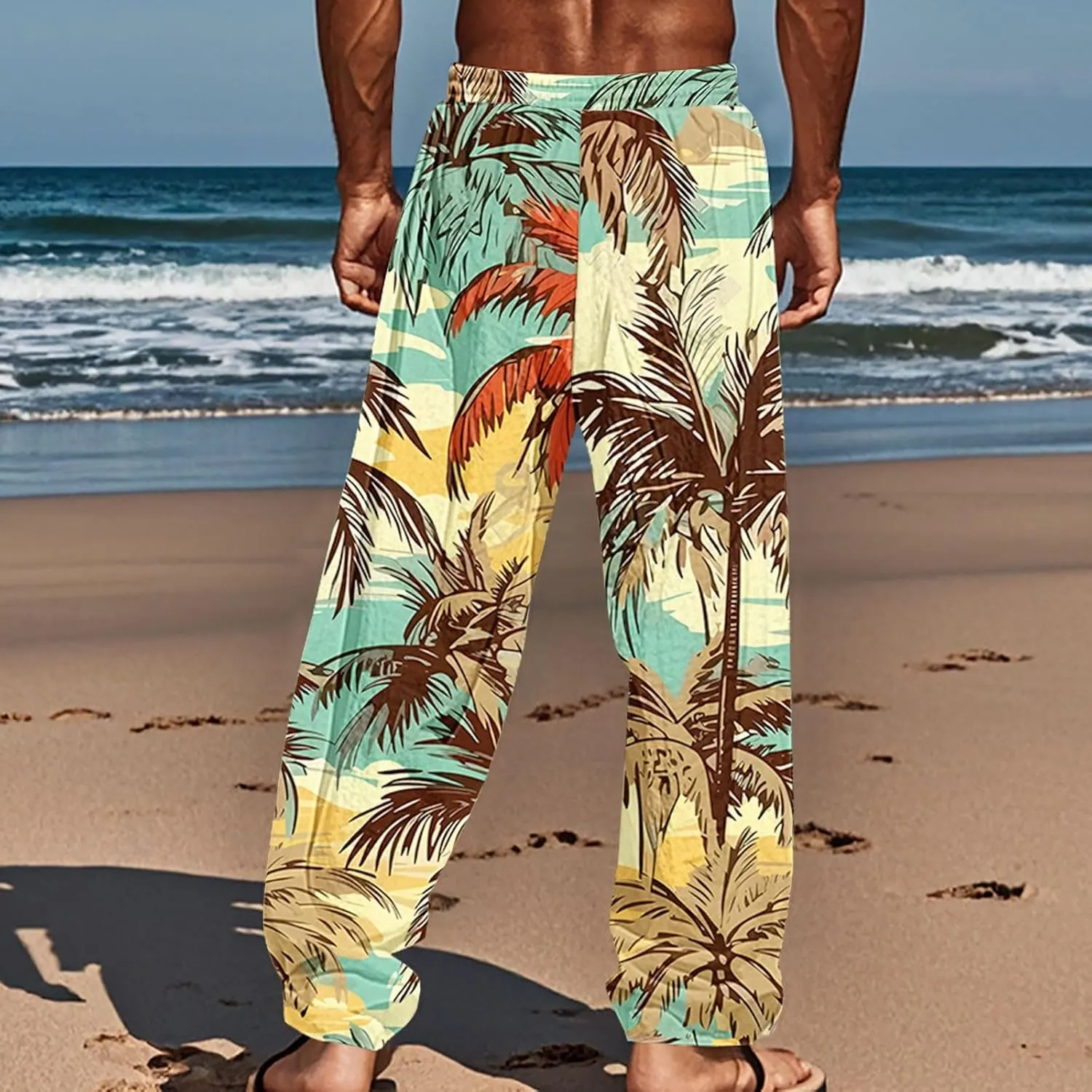 Men's Hawaiian Tropical Leaf Sweatpants Beach Vacation Lounge Pants Breathable Relaxed Fit Comfy Drawstring Casual