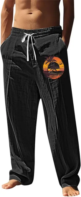 Men's Hawaiian Tropical Leaf Sweatpants Beach Vacation Lounge Pants Breathable Relaxed Fit Comfy Drawstring Casual